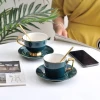 Nordic dark green coffee cup and saucer set creative ceramic coffee cup household simple afternoon camellia tea cup with spoon
