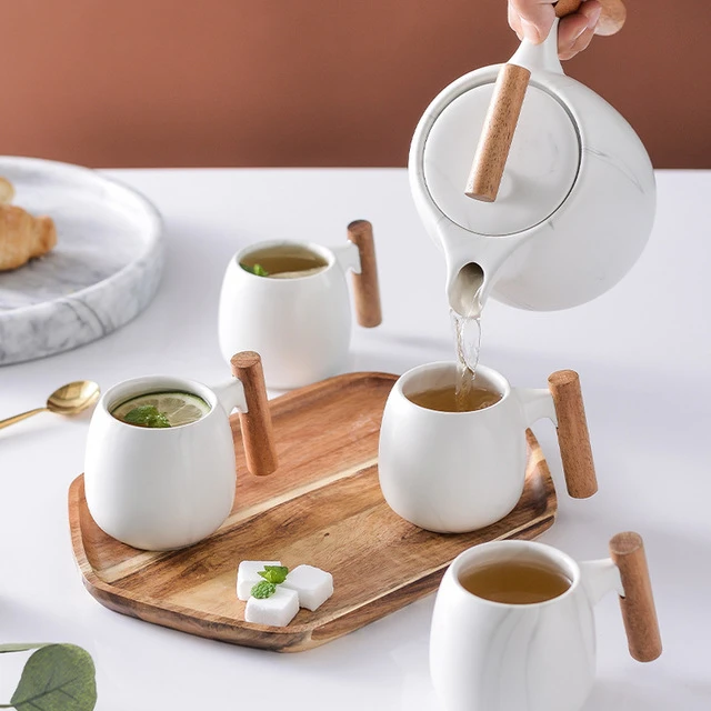Nordic Style Tea Set Ceramic Wooden Handle Tea Pot and/or Cup Heat