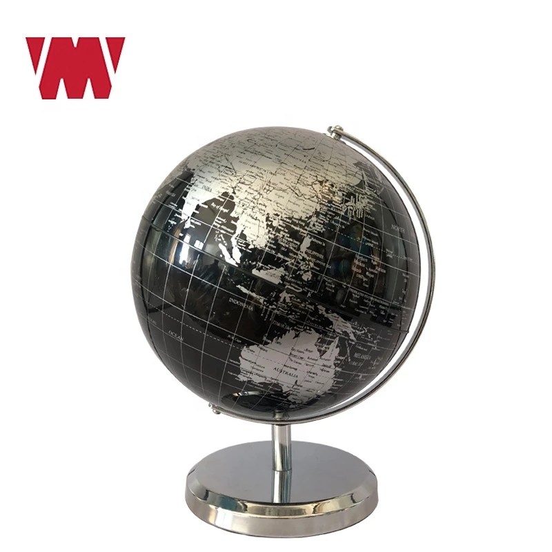 Novelty 20cm black silver silk printing world globe PVC surface ABS inner ball silver metal base home decoration desktop globes