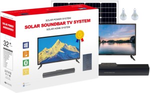 Pcv Portable Solar Soundbar TV System for Home Solar Energy Supply TV+Fan+LED Lights+Speakers with 12W Solar TV Your Mini Home Theatre