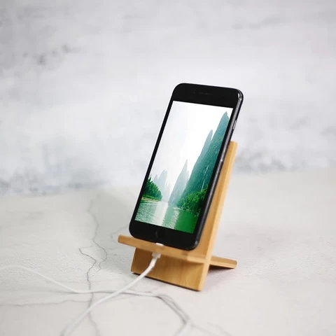 Promotional Bamboo Wooden Mobile Phone Holder Cell Phone Stand Desk Sturdy Phone Holder Stand w/ Charging Hole