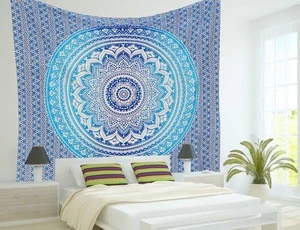 Queen Blue Mandala Ombre Tapestry Hippie Mandala Bedding Printed Wholesale Indian Printed Tapestries Future Handmade
