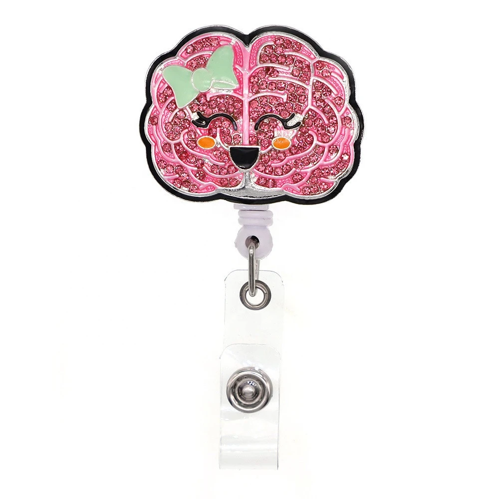 Retractable Pink Rhinestone Enamel Brain Shape with Bow  Badge Holder Reel With Clip Name Badge Reel for Nurse