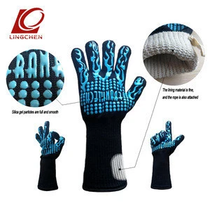 shaoxing shangyu lingchen NEW 2018 blue silicone aramid oven mittens blue silicone heat resistant gloves bbq grill outdoor