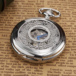 Steampunk Pocket Watch with Chain Transparent Skeleton Hand Wind Analog Open Face Mechanical FOB Pocket Watch