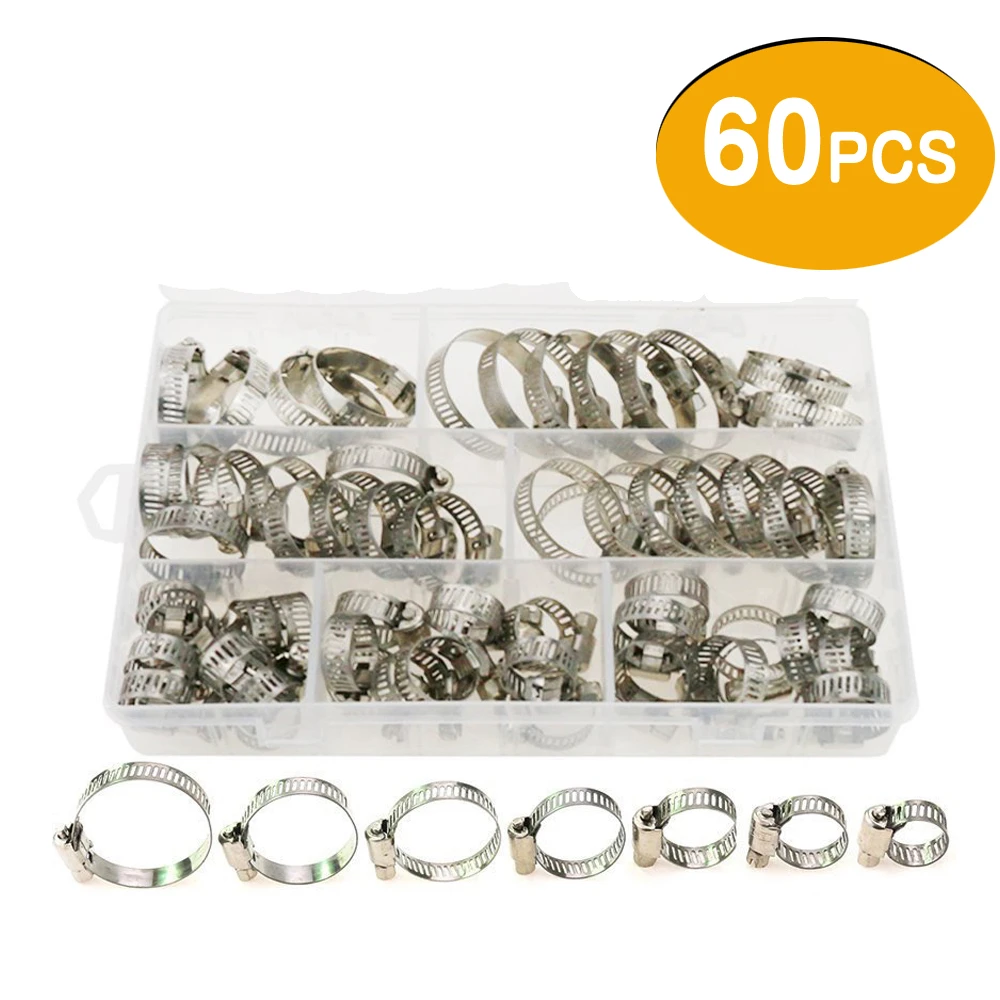 Urlwall 60pcs Stainless Steel Pipe Hose Clips Spring Clamps Set 12mm 16mm 20mm 22mm 27mm 32mm 35mm Clamps Hose