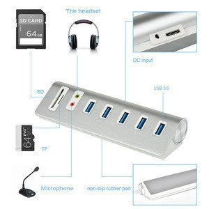 USB 3.0 Hub 5 Ports with SD/TF Card Reader and External Stereo Sound Adapter Combo and 5V/4A Power Supply for PC and Laptops