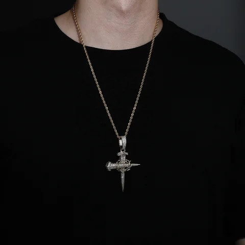 Vintage hip hop diamond studded shiny anchor nail Golden Silver iced out cross pendant necklace jewelry for men
