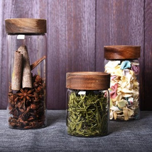 Whole Grains Tea Screw Acacia Lid Kitchen Glass Food Storage Jar