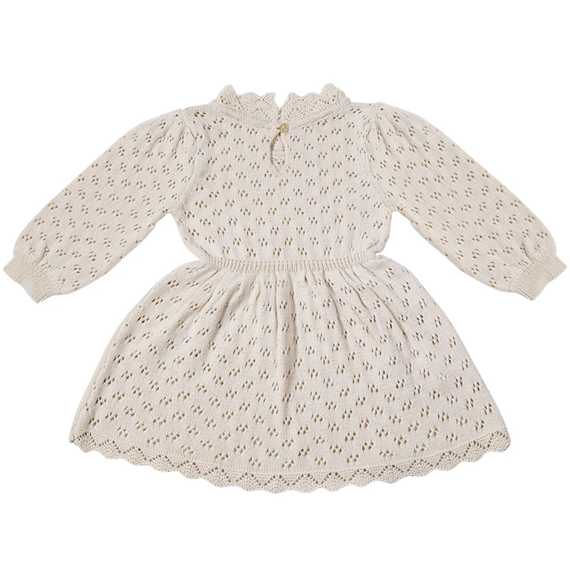 Wholesale Autumn Hollow Out Knitted Puff Sleeve Baby Girl Dresses