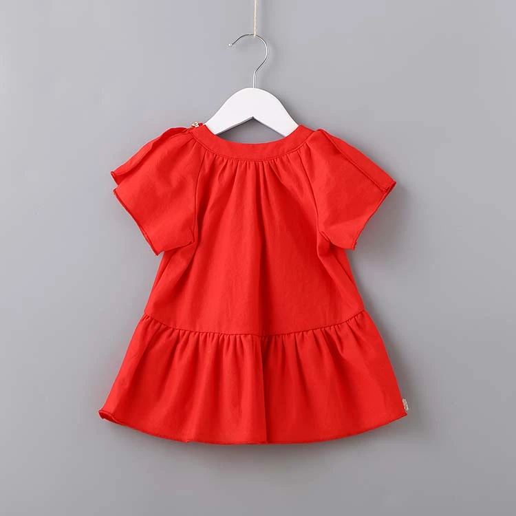 wholesale boutique baby clothes solid red cotton shortsleeve girls dress with pockets 0-4 years cute summer dresses