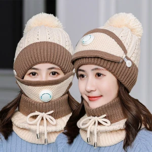 Wholesale Women Knitted Warm Ski Winter Slouchy Outdoor Acrylic Beanie Thickened Fur Pom Balls Cap Scarf Collar Hat Glove Sets