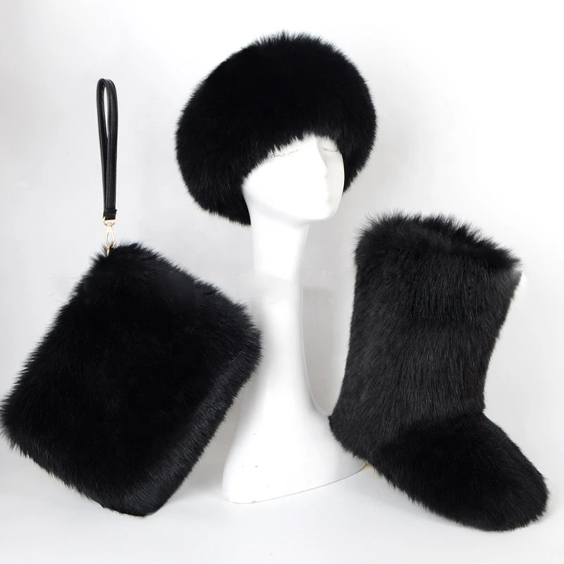 Winter Warm Snow Boots Faux Fur Boots With Headband And Bag Sets For Women Fluffy Furry Solid Color Fur Boot