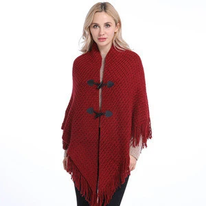 Women Elegant Solid Scarf Shawls Knitted Poncho Irregular Tassel Horn Buttons Thicken Warm Cloak Wraps