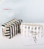 Women Portable Reusable Pu Leather Makeup Bag Stripped Cosmetic Bag Travel Kit with Zipper