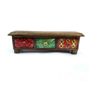 Wooden Rack with 3 ceramic drawer Spice Rack apothecary spice box colorful mango wood chest ceramic storage jewellery box.