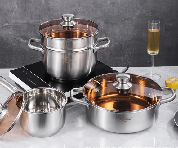 XINCHU 3 Pieces stainless steel kitchen pots and pans cookware sets with Brown Lid