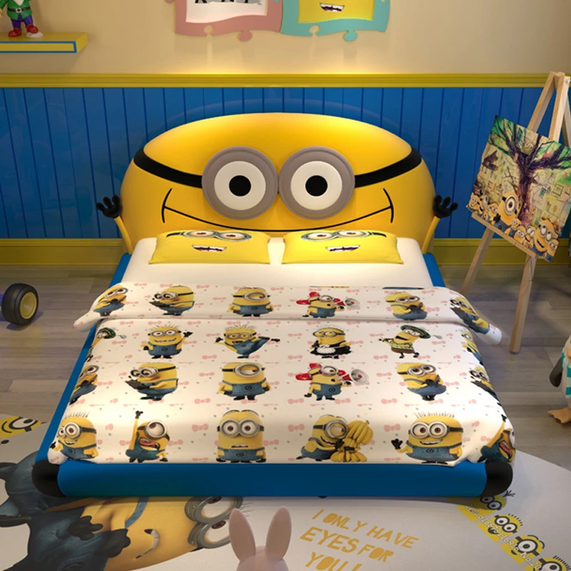 Yellow latest design  Kid bedroom furniture luxury cartoon kids leather bed boy  modern children beds girls