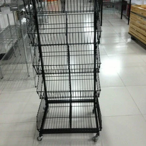 Yuanda Manufacturer Black Folding Supermarket Wire Mesh Storage Stacking Display Cage Stand with Wheels YD-P002