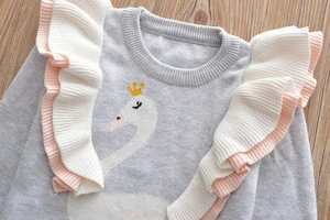 ZH3763G Lovely New Design Little Girls Sweaters Knitted Swan Printed Long Sleeves Cotton Pullover For Children Girls
