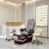 White Curved Beauty Salon Reception Desk Wood Grain Drawer Panel Bottom Ambient LED Light Custom Logo Reception Counter