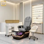 White Curved Beauty Salon Reception Desk Wood Grain Drawer Panel Bottom Ambient LED Light Custom Logo Reception Counter
