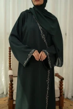 Wholesale Dark Green Embroidered Nida Abaya for Women