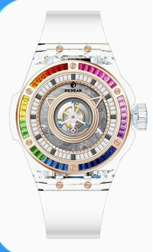 Custom K9 Crystal Men's Tourbillon Mechanical Watch, Rainbow Diamond Bezel, 30M Waterproof Fluororubber Strap Luxury Wr