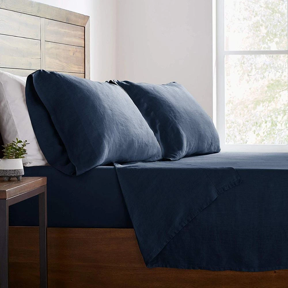 100%Organic and Natural Flax, Bed Sheet Set Linen Percale in Navy