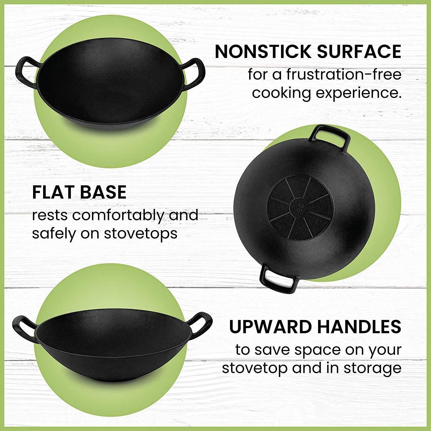 12.6 /14-Inch  Pre-Seasoned Cast Iron Wok with 2 Handles and Wooden Lid