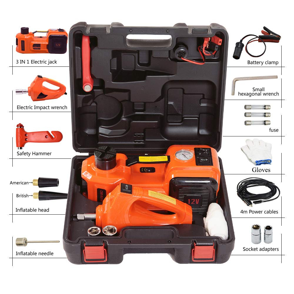 12V DC 5.0T Electric Hydraulic Floor Jack and Tire Inflator Pump and LED Flashlight 3 in 1 Set with Electric Impact Wrench
