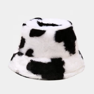 2021 new Amazon Vintage Fashion caps Furry Cow Print Rabbit Hair winter hats  plush bucket hat for women or girls
