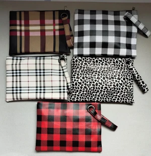 2021 Wholesale Monogram Leopard Buffalo Plaid Print Handbag Fashion Women Cosmetic Bag Pu Leather Wristlet Clutch Bag