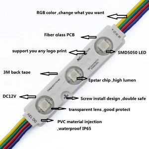 adverting 3pcs 0.72W SMD5050  chip CE ROHS PVC injection silk print 12v single rgb led module for channel letter light