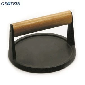 Bacon Steak Weight Burger Meat Cooking Cast Iron Round Grill Press Wood Handle
