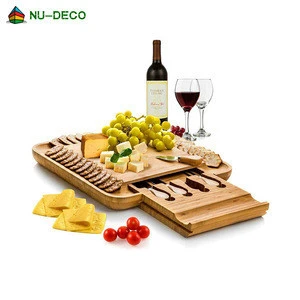 bamboo cheese cutting board set with cutlery set In Drawer Including 4 Stainless Steel Knife and Serving Utensils