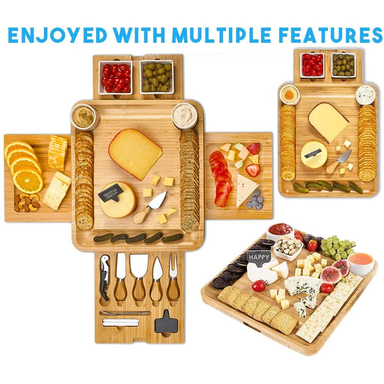 Bamboo Wood Charcuterie Board New Cheese Board and Knife sets with 4 Slide-Out Removable Drawers