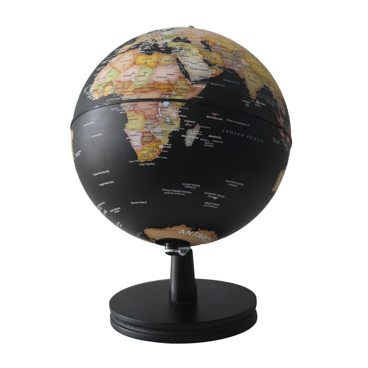 Black oceans are highlighted by metallic landmasses in this bold rendition of the traditional world globe