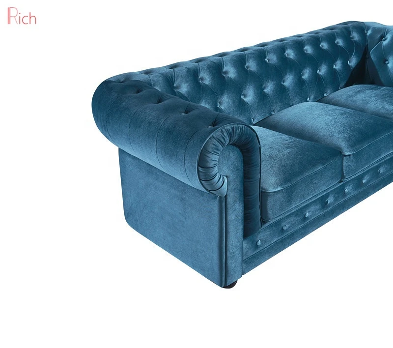 Blue velvet Furniture button tufted couch loveseat roll arm sofa living room fabric Chesterfield sofa canape