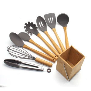 BPA Free Reusable Nonstick 9pcs Silicone Cooking Tool Set with Bamboo Handle and Storage Box Kitchen Accessories Utensil