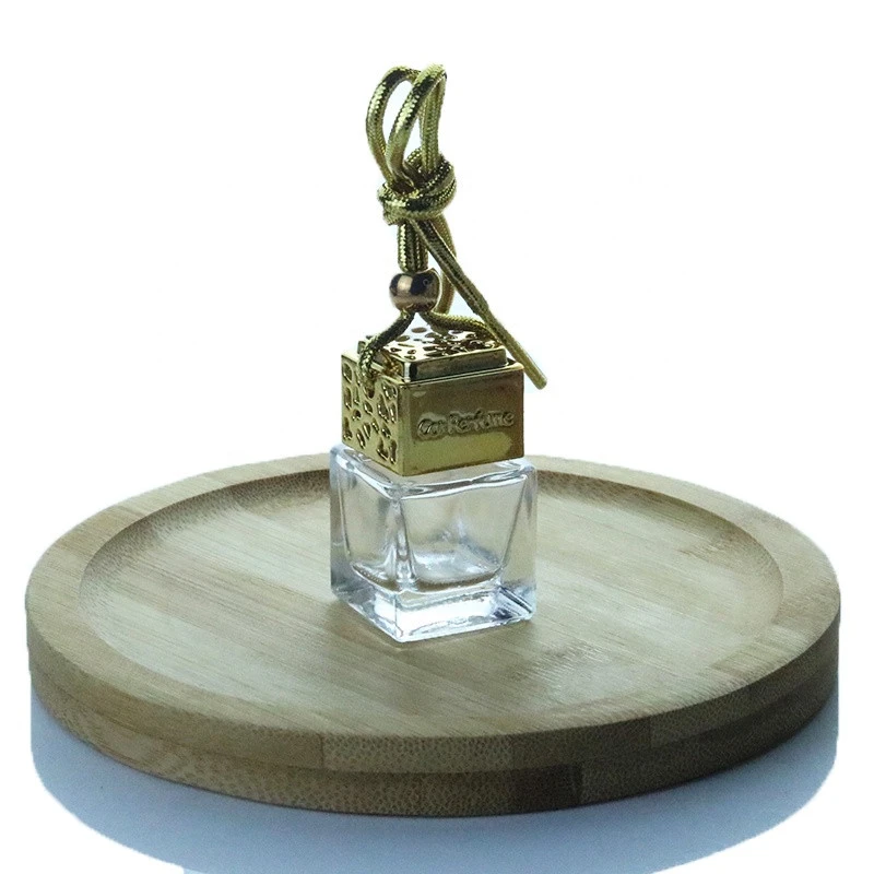 Car Air Freshener Perfume Hanging Bottle 5ml UV Gold Black Silver Wood Lid Clear Square Car Perfume Bottle (CG21)