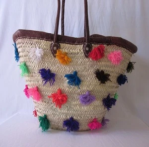 Chic Handmade Beach Straw Tote Basket With Large Pom Poms