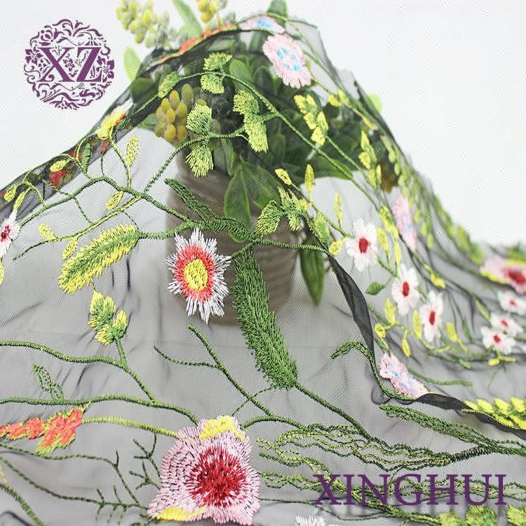 China manufacturer hot sale flat embroidery 100% polyester net mesh fabric