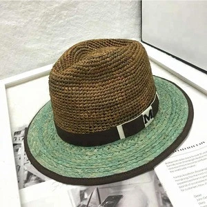 Classic style customized logo raffia straw fedora sun hat,cool straw cowboy hat