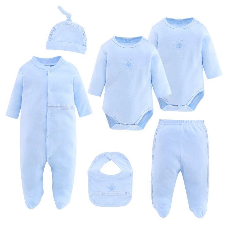Cotton 6 In 1 Newborn Baby Clothing Set Baby Coat Matching With Short Sleeve Romper Suits Infant Footed Pajamas Set