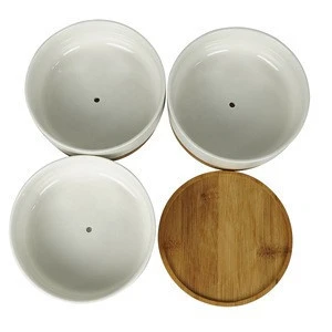 Custom Round shape modern white ceramic succulent pot with bamboo tray