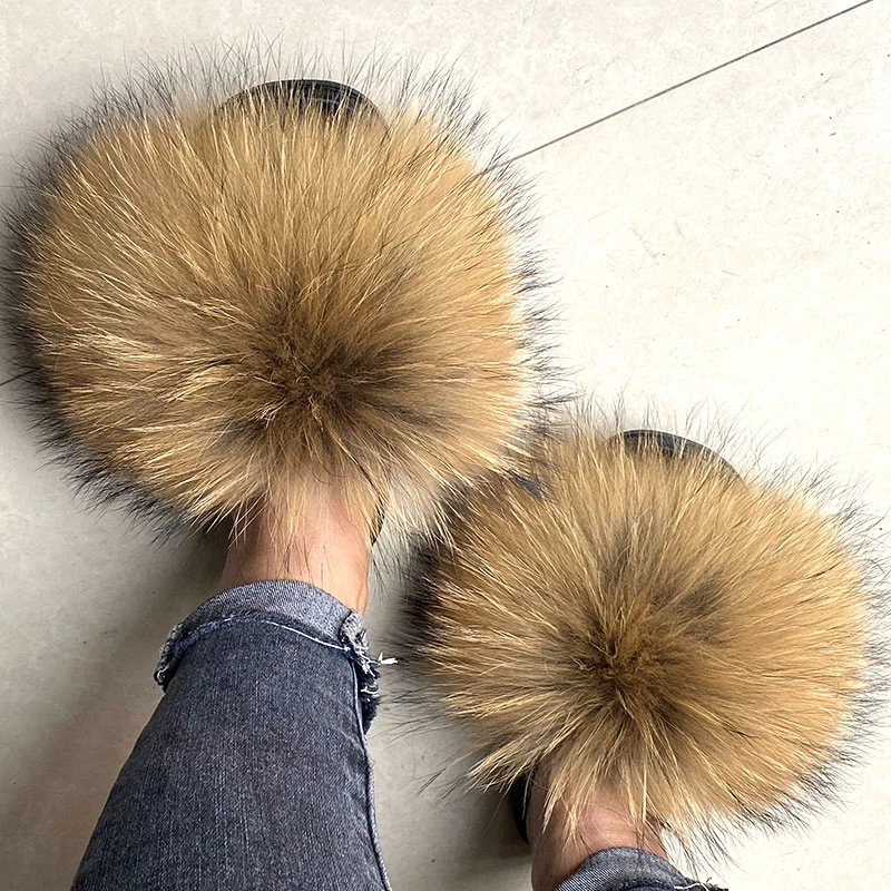 direct deal New hot sale Raccoon hair and fox hair 100% real fox fur slippers designer Fashionable  fur slippers 2021 fur slides