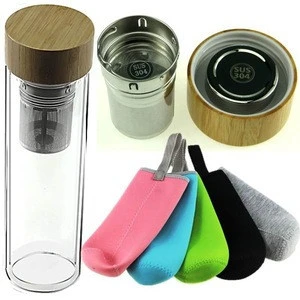 Double Wall Glass Tea Infuser Water Bottle With Bamboo Lid