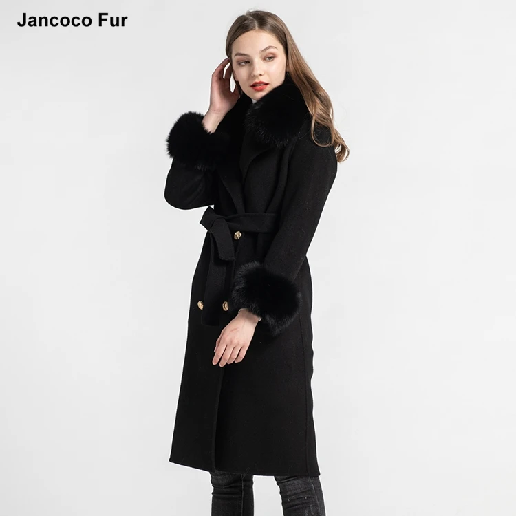 Elegant Wool Coats Womens Fashion Fur Jacket Fox Fur Collar With Belt Autumn Winter Cashmere Outerwear S7519