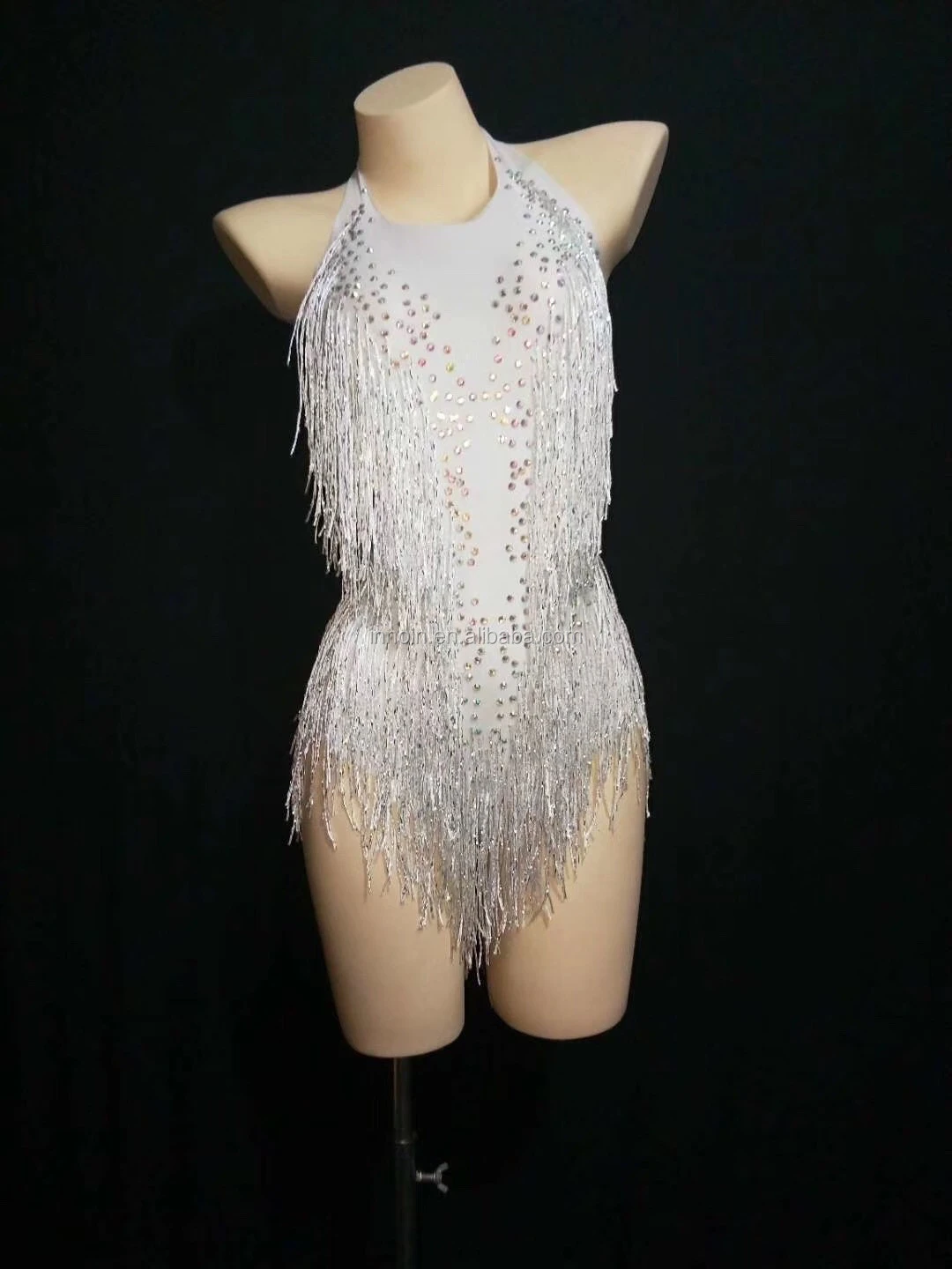 Factory Direct Sale White Sparkly Rhinestone Tassel Leotard Nightclub Dance DS Show Stage Wear Stretch Bodysuit
